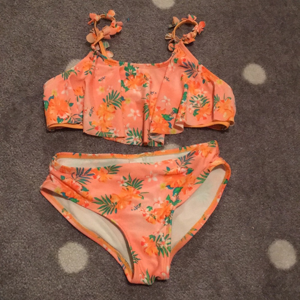 Bright orange floral two piece swimsuit